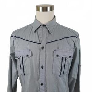 Jiexel Mens Button Up Navy Blue White Striped Pocket Dress Shirt No Tag M?